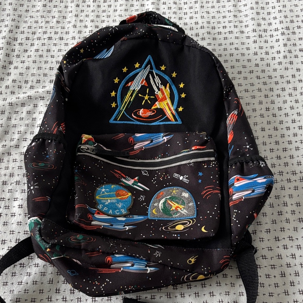 Hanna Andersson Space-Themed Backpack, black w/colorful design,clean interior,OS